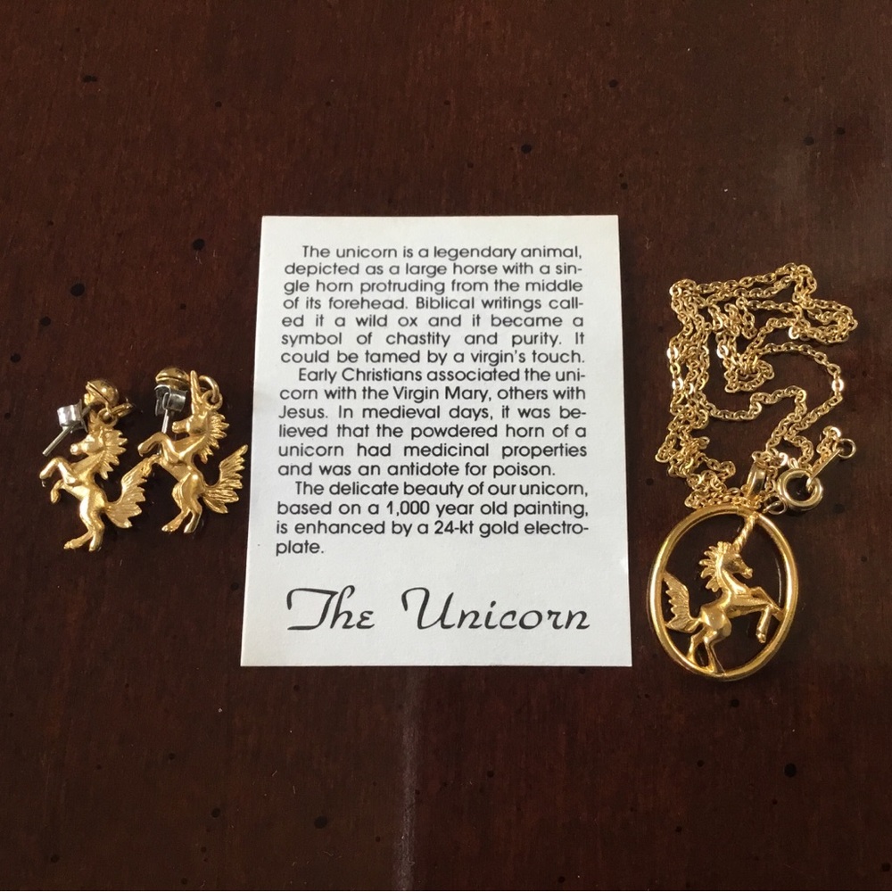 Unicorn Necklace & Earrings 24kt Gold Electroplate
